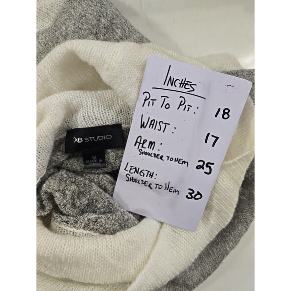 Mohair Wool Blend Y2K Wide Stripe Sweater Tunic Womens Med Cream Gray Minimalist - Picture 5 of 8